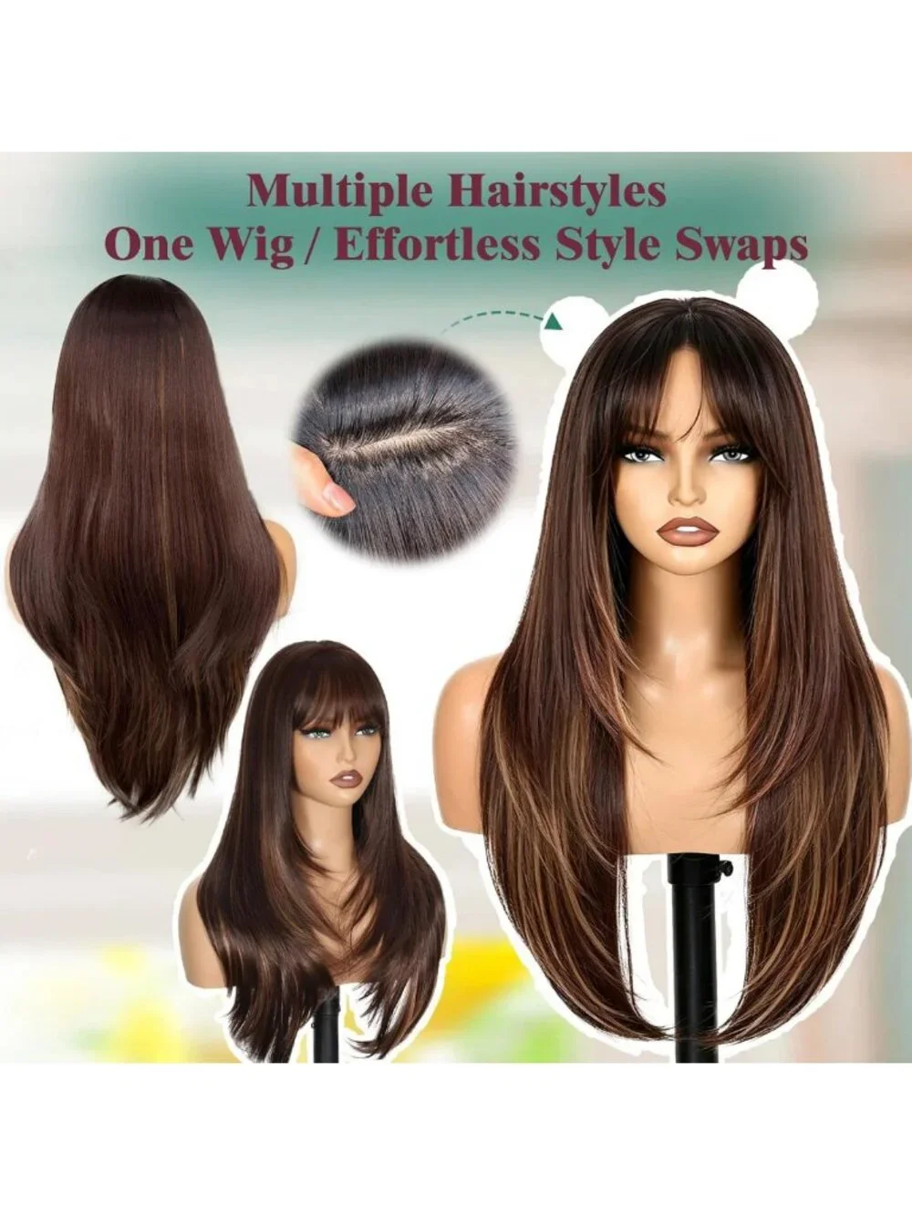 Layered Brown Highlight Wig with Bangs, 26